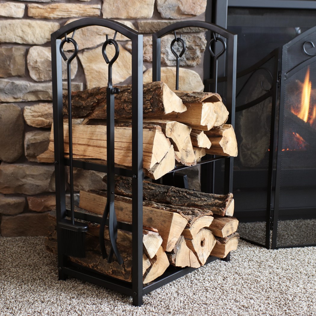 Sunnydaze Black Powder Coated Steel Fireplace Log Holder with Four Piece Tool Set