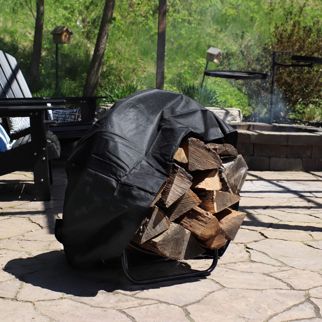 Sunnydaze 24 Inch Black Powder Coated Heavy-Duty Steel Outdoor Log Hoop Storage Rack with PVC Cover