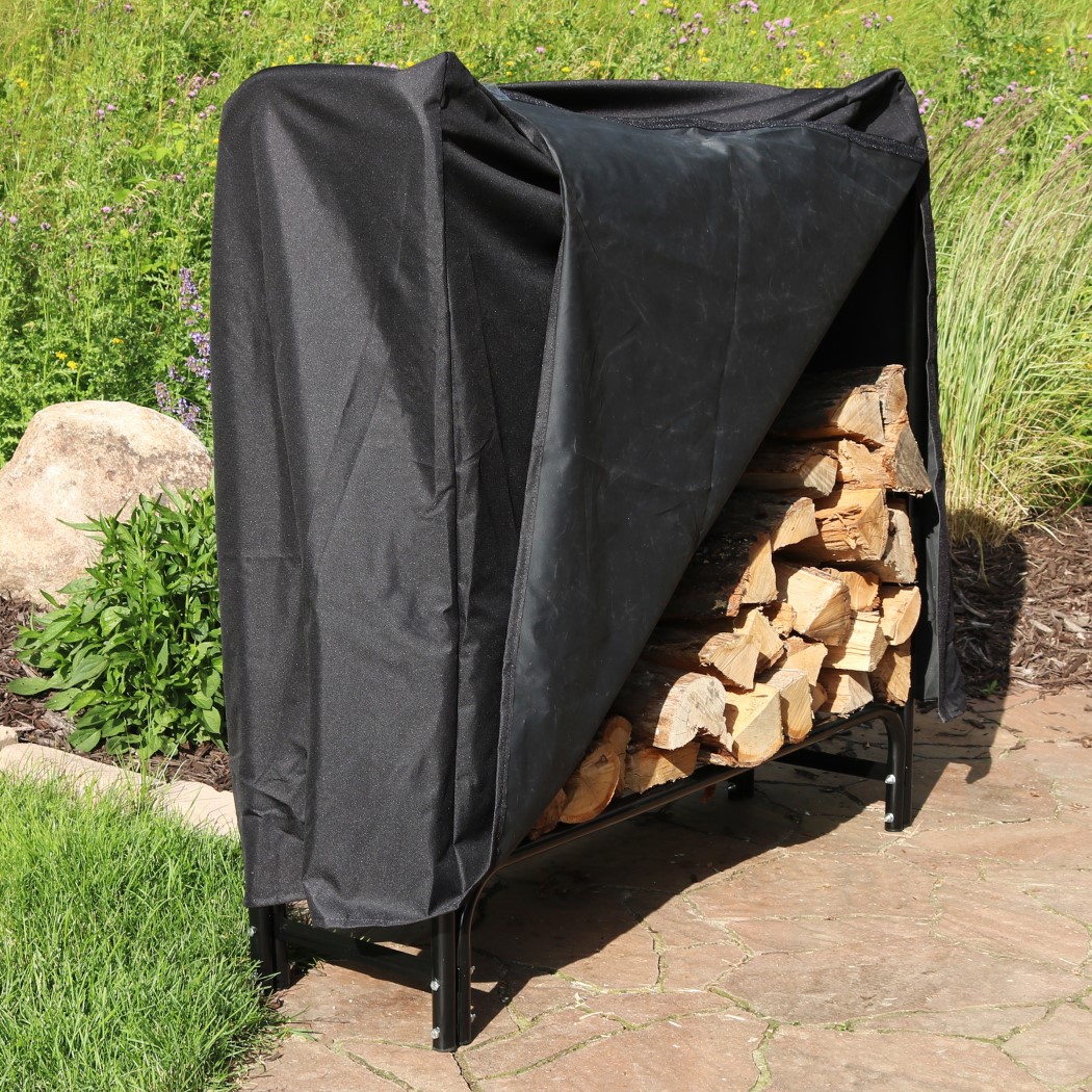 Sunnydaze 4 Foot Black Powder Coated Heavy-Duty Steel Outdoor Log Rack with Polyester Cover