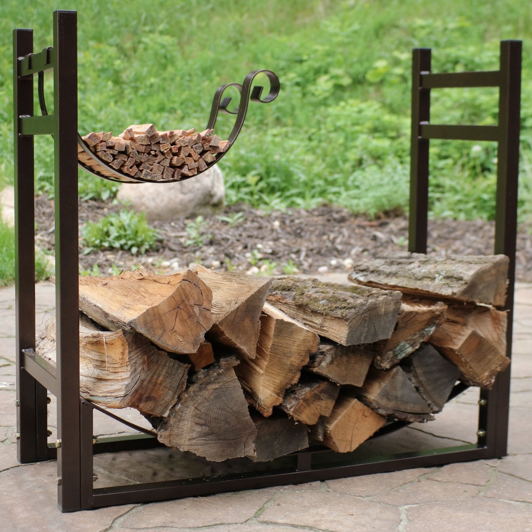 Sunnydaze 33 Inch Powder Coated Steel Log Rack with Kindling Holder