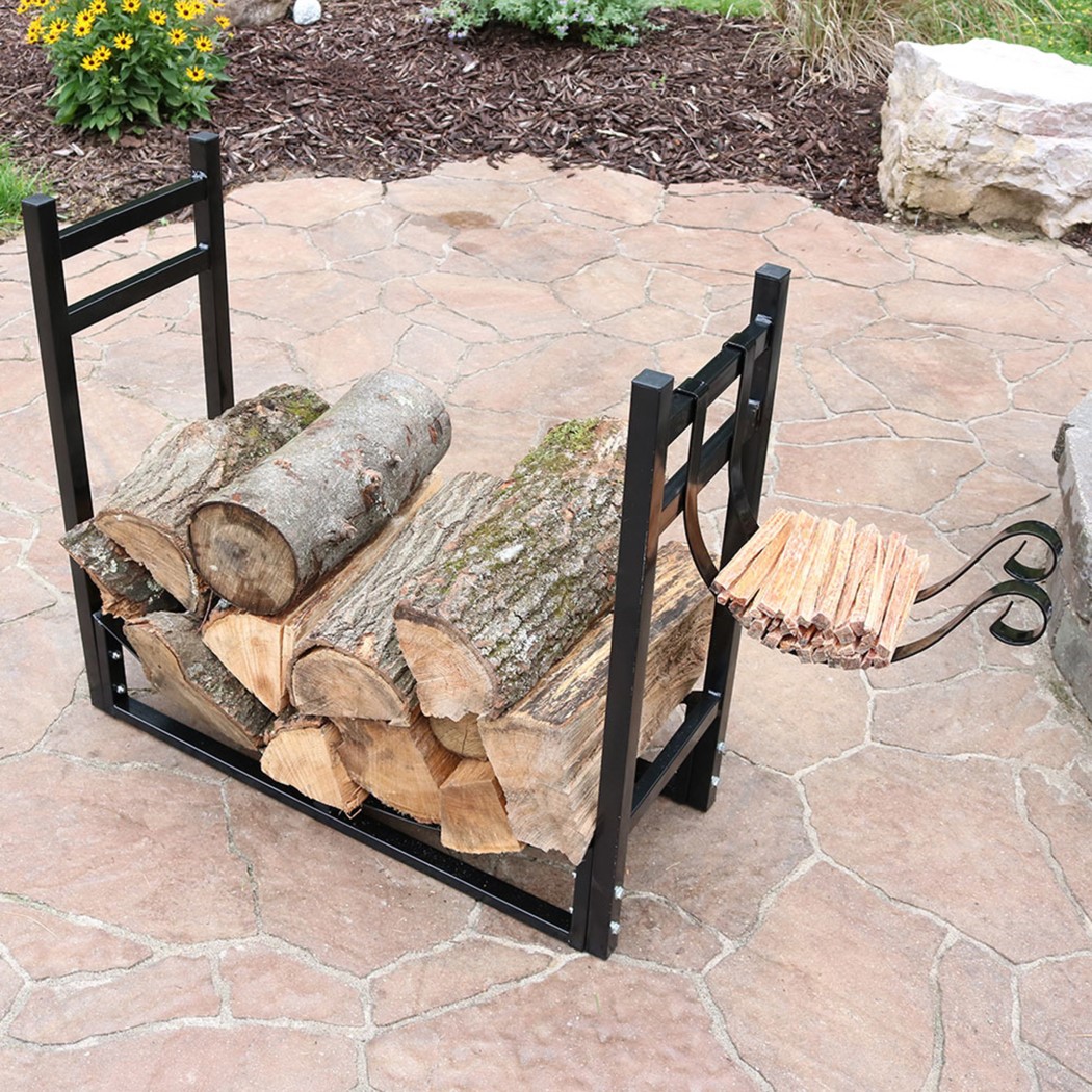 Sunnydaze 33 Inch Powder Coated Steel Log Rack with Kindling Holder