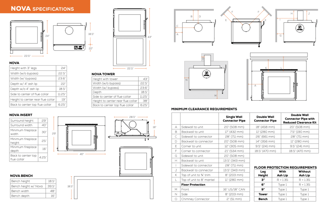 MF Fire 23 Inch Nova Freestanding Wood Burning Stove with Bench