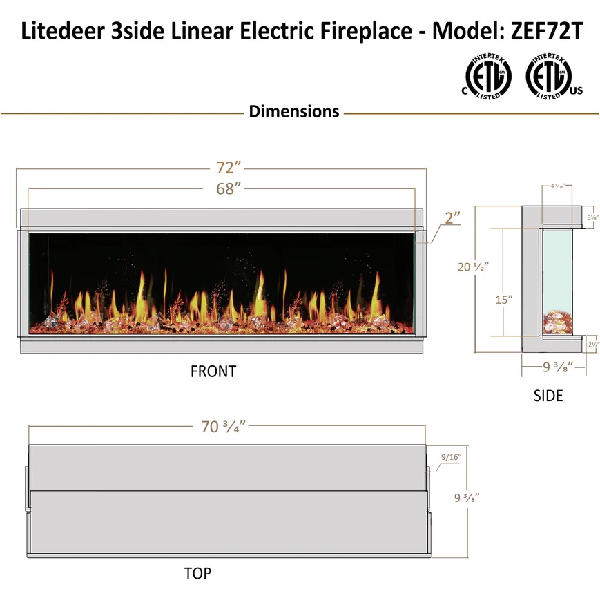 Litedeer Homes 72 Inch WarmCastle 3 Side Smart Control Electric Fireplace with Crystal Media