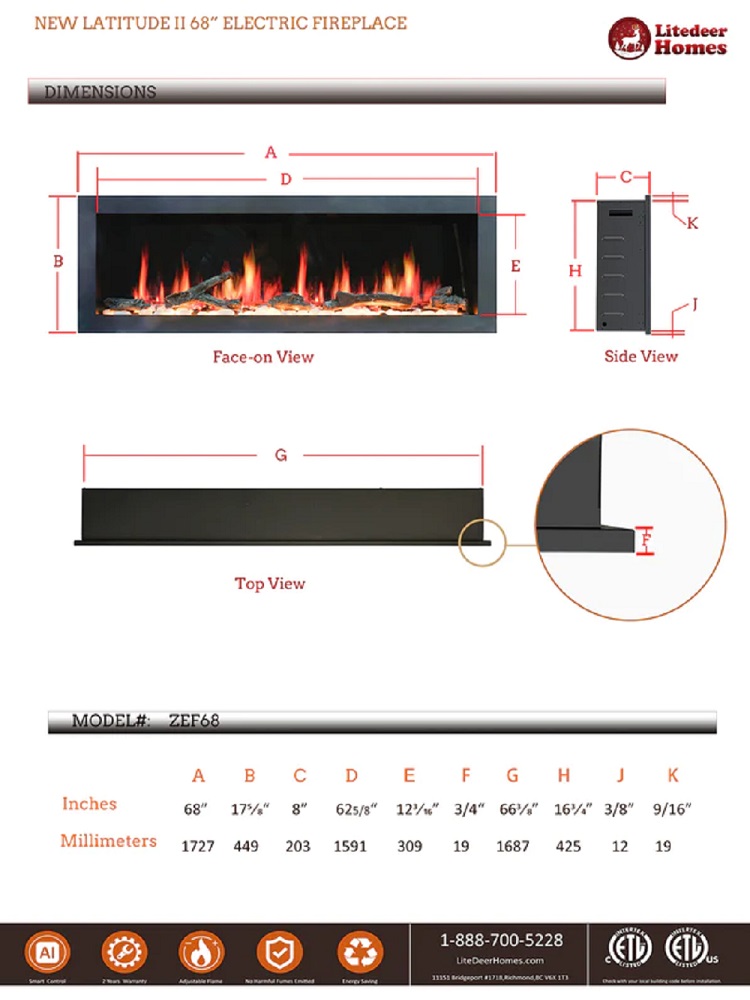 Litedeer Homes Gloria II 68 Inch Seamless Push-in Electric Linear Fireplace