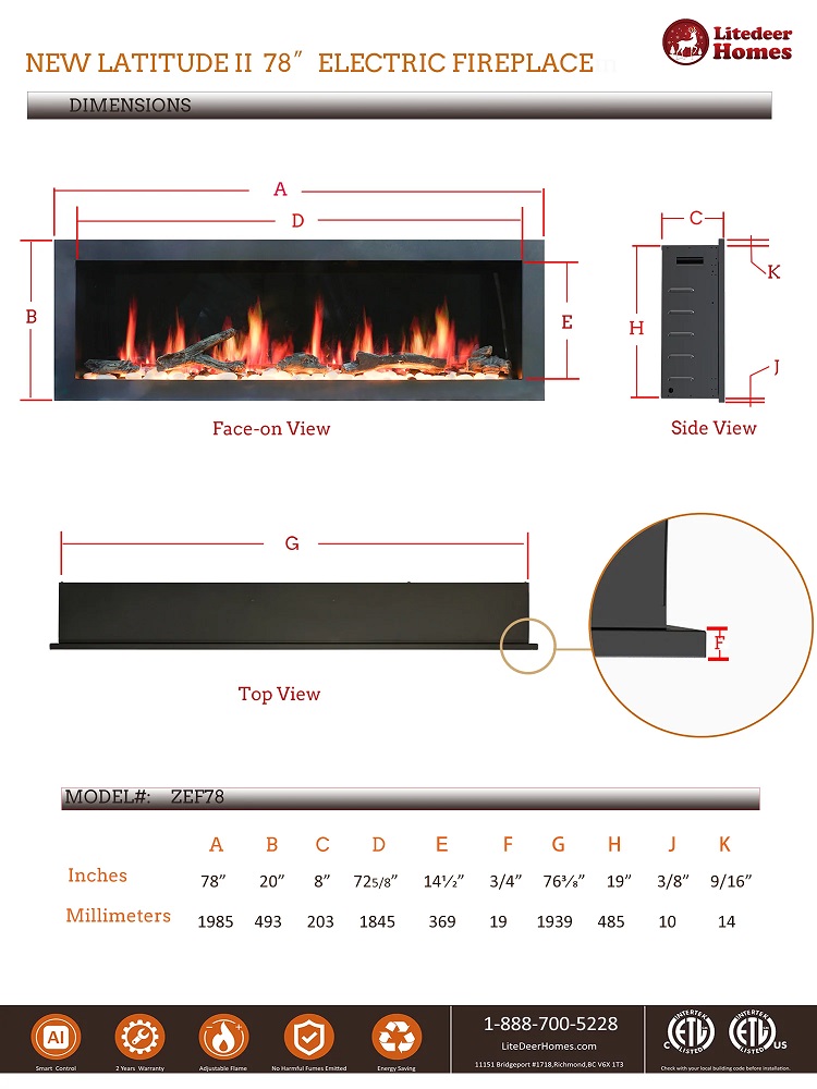 Litedeer Homes Gloria II 78 Inch Seamless Push-in Electric Linear Fireplace