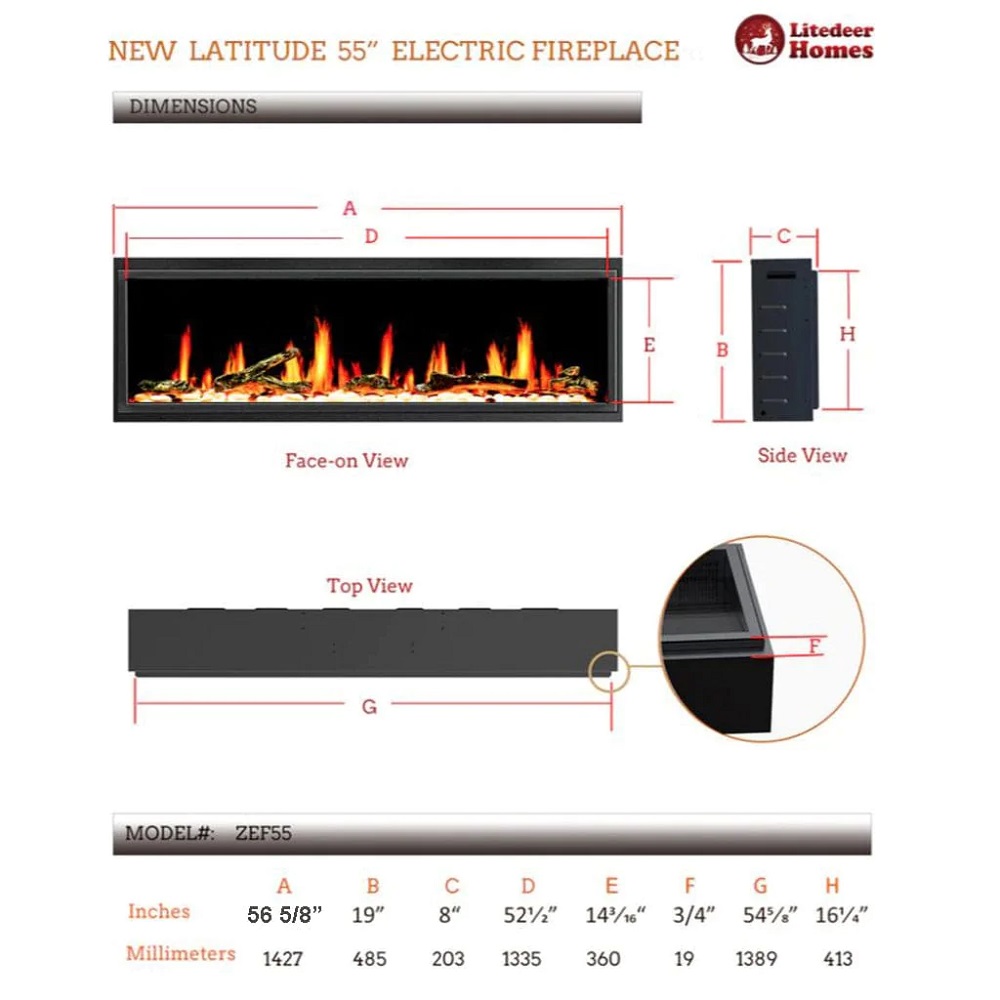 Litedeer Homes Latitude 55 Inch Ultra Slim Built-in Electric Linear Fireplace