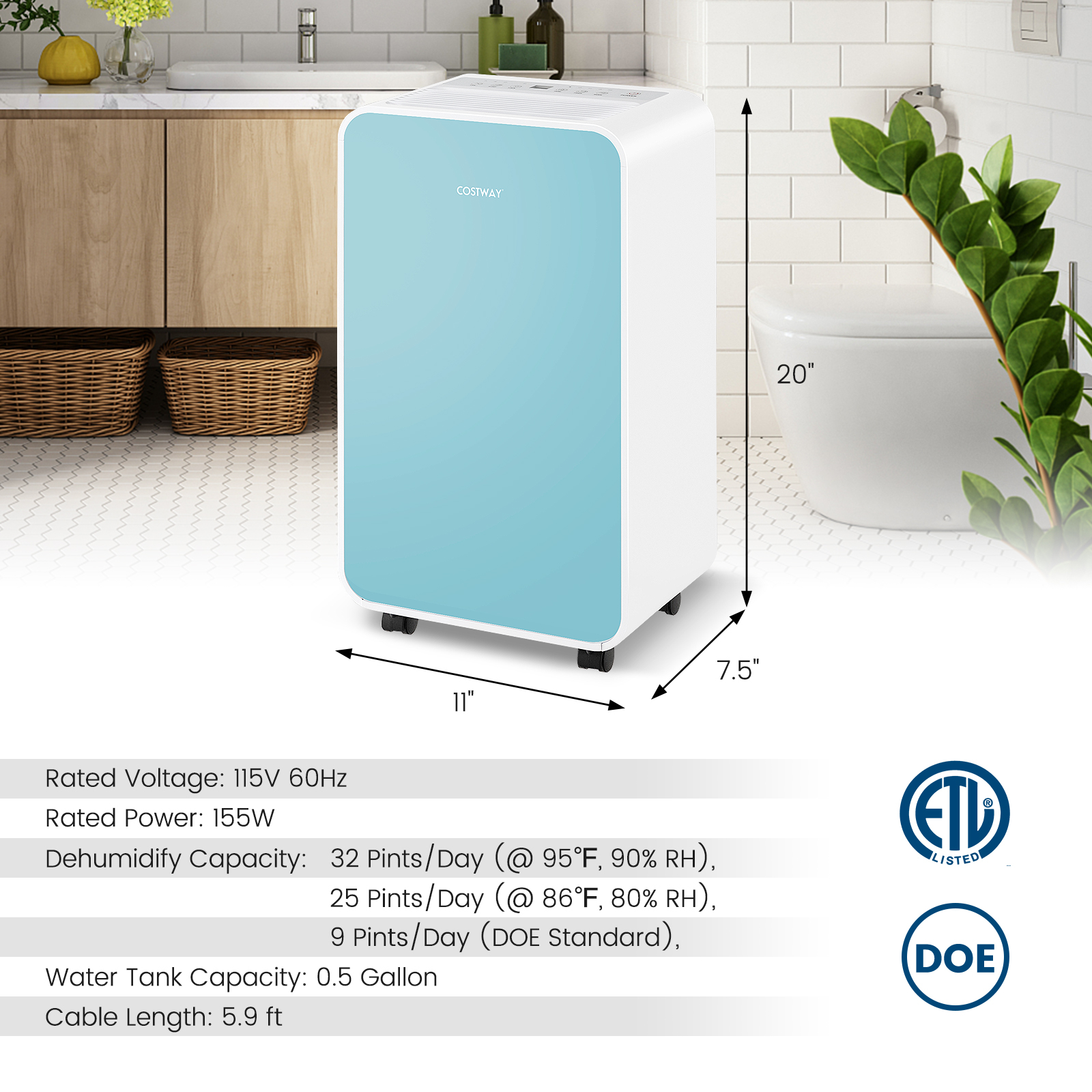 Costway 20 Inch Quiet Portable Dehumidifier - 32 PPD