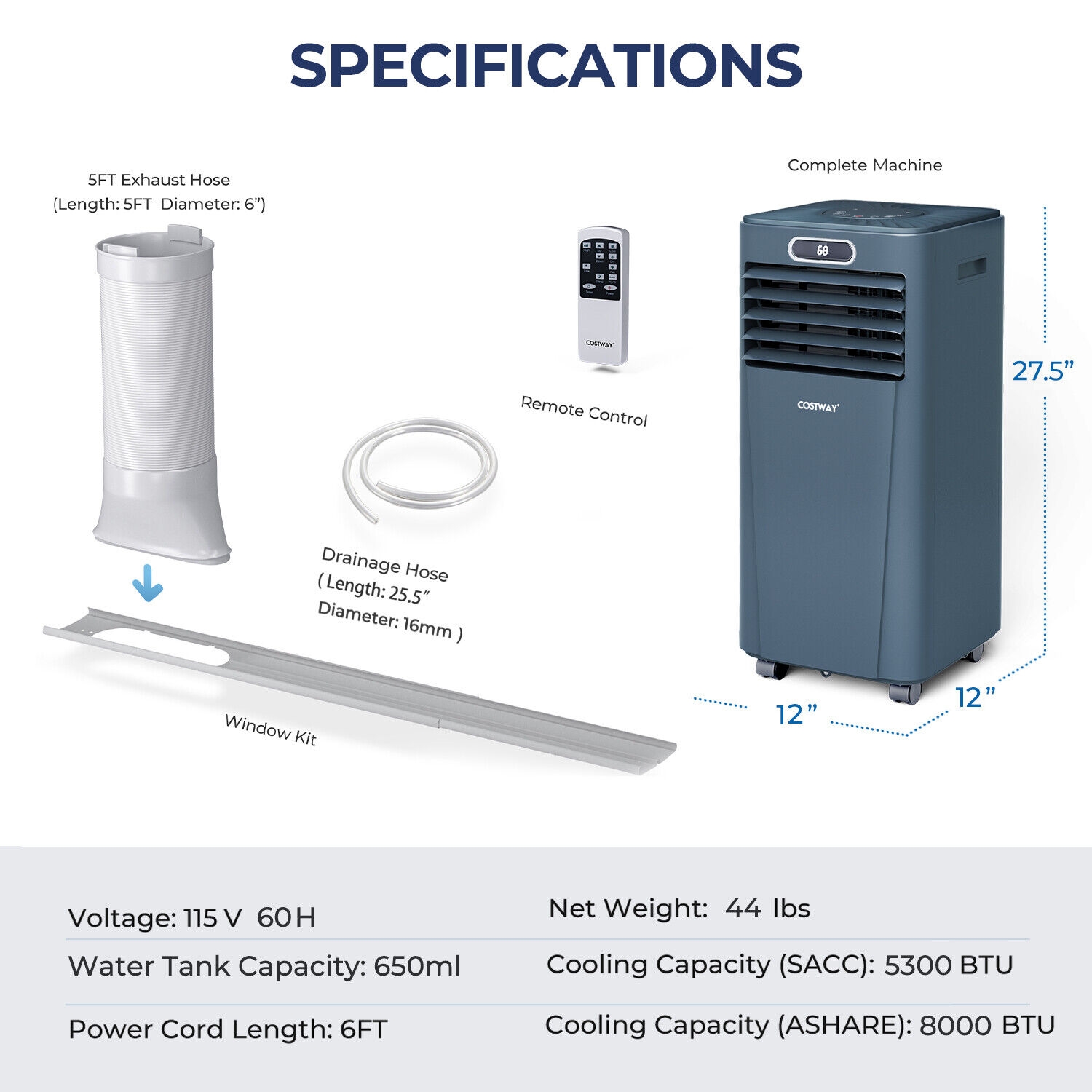 Costway 28 Inch 8K BTU Remote Control Portable Air Conditioner