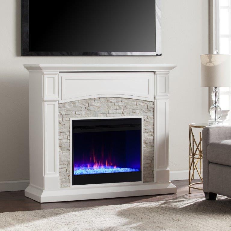 SEI 46 Inch Seneca Color Changing Electric Fireplace with Faux Stone Surround