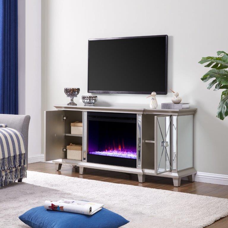 SEI 58 Inch Toppington Color Changing Electric Fireplace with Mirrored Media Center