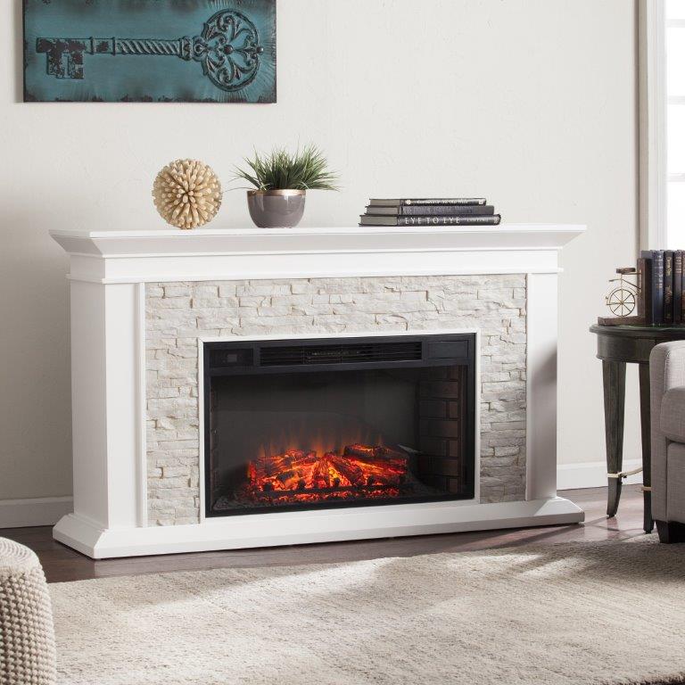 SEI 60 Inch Canyon Heights Electric Fireplace with Faux Stacked Stone Mantel