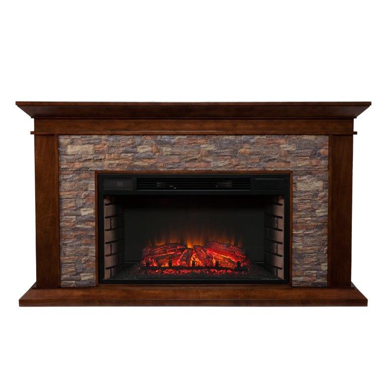 SEI 60 Inch Canyon Heights Electric Fireplace with Faux Stacked Stone Mantel
