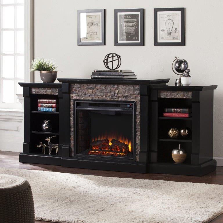 SEI 72 Inch Gallatin Electric Fireplace with Faux Stone Bookcase