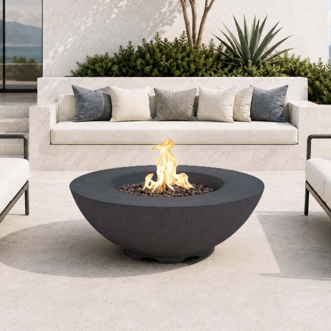 Pyromania Fire Features 41 Inch Round Shangri-La GFRC Gas Fire Bowl - Push Button Ignition