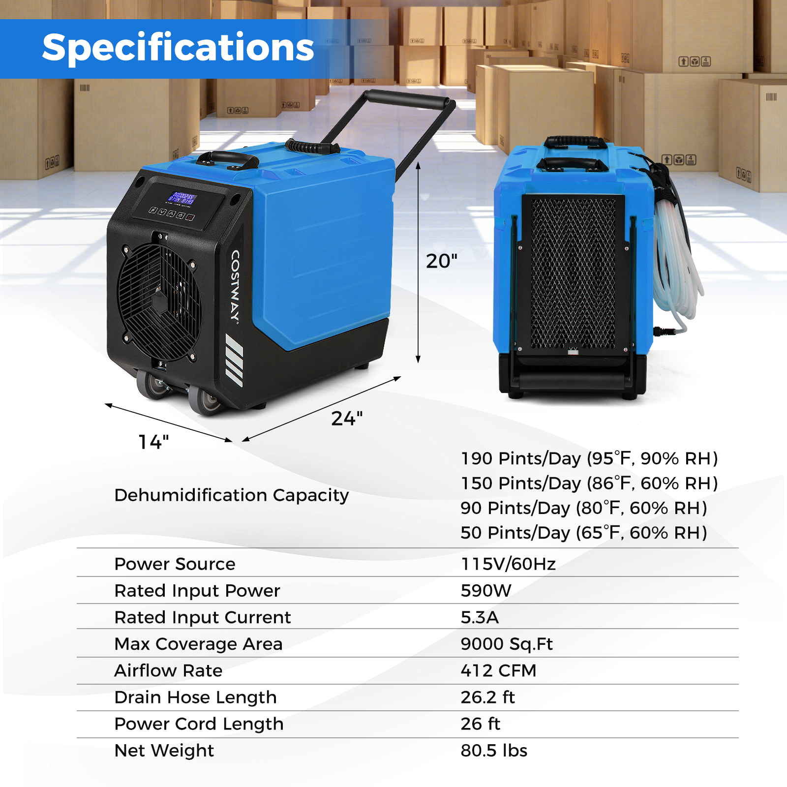Costway 24 Inch Portable Commercial Dehumidifier with Pump - 190 PPD