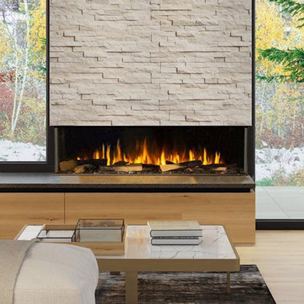 Sustainable Hearth 60 Inch Bay Front Electric Fireplace with Conversion Kit -  Remote and Log Set