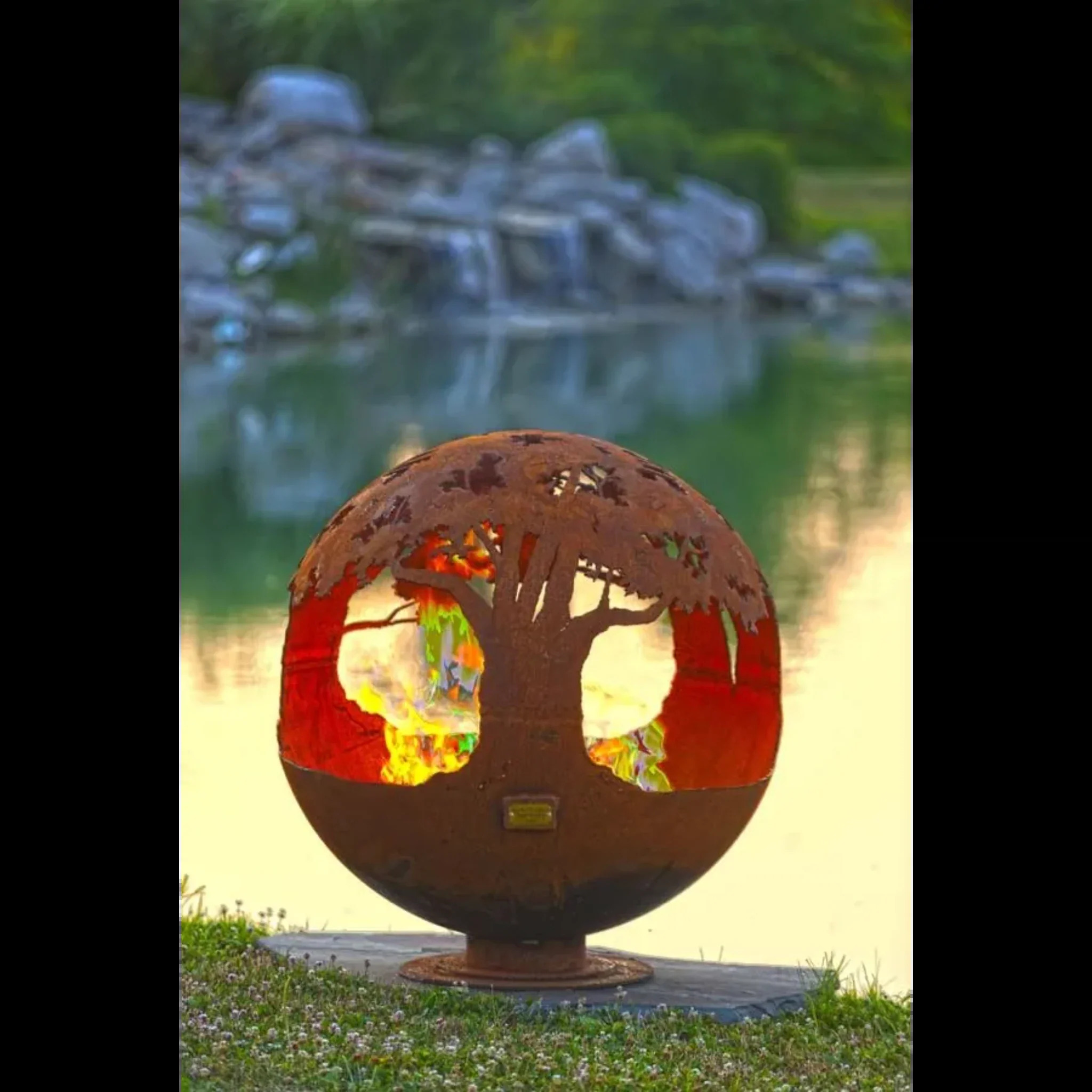 The Fire Pit Gallery 37 Inch Tree of Life Sphere Fire Pit with Flat Steel Base