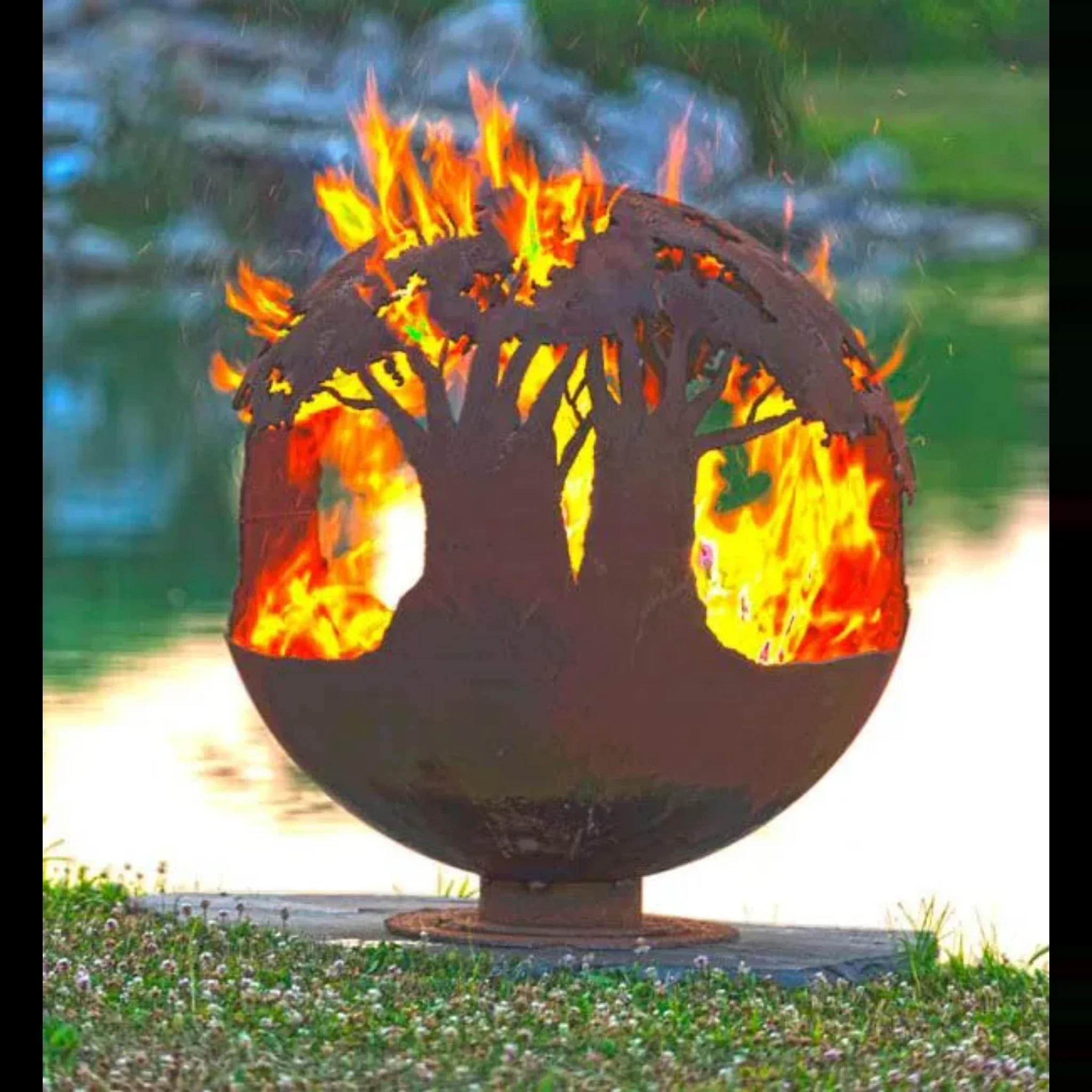 The Fire Pit Gallery 37 Inch Tree of Life Sphere Fire Pit with Flat Steel Base