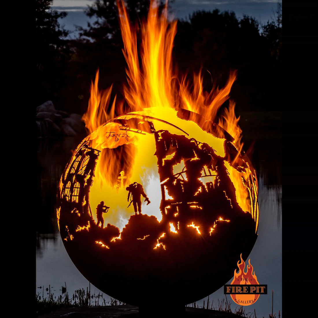 The Fire Pit Gallery 37 Inch Lest We Forget Remembrance Day Sphere Fire Pit with Flat Steel Base
