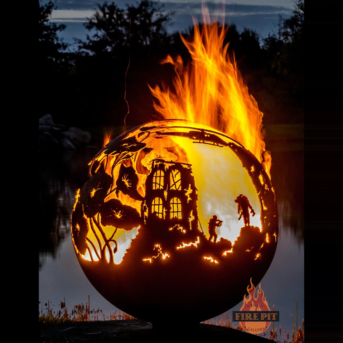 The Fire Pit Gallery 37 Inch Lest We Forget Remembrance Day Sphere Fire Pit with Flat Steel Base