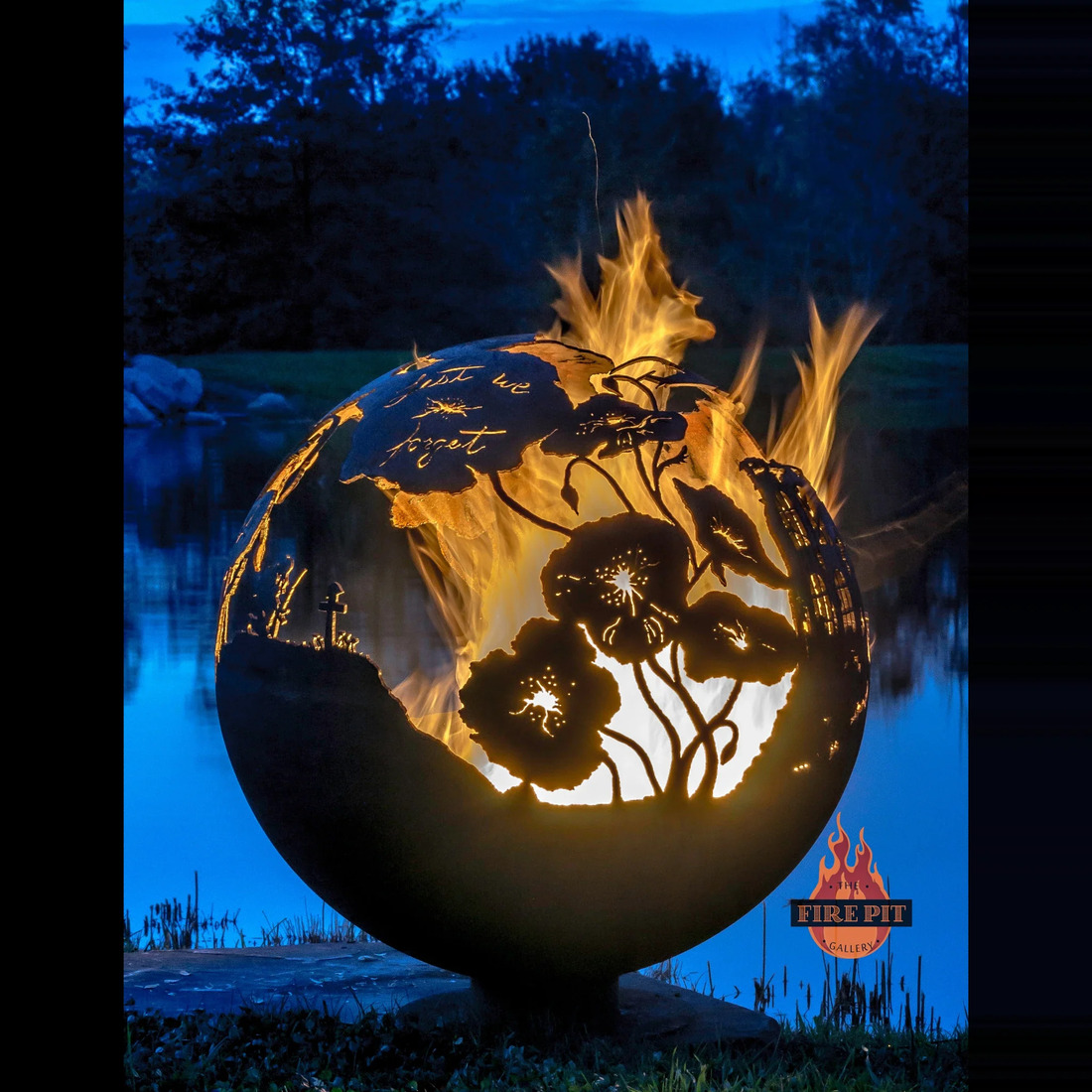 The Fire Pit Gallery 37 Inch Lest We Forget Remembrance Day Sphere Fire Pit with Flat Steel Base
