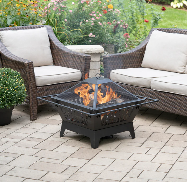 Blue Sky 31 Inch Square Wood Burning Fire Pit with Decorative Steel Base