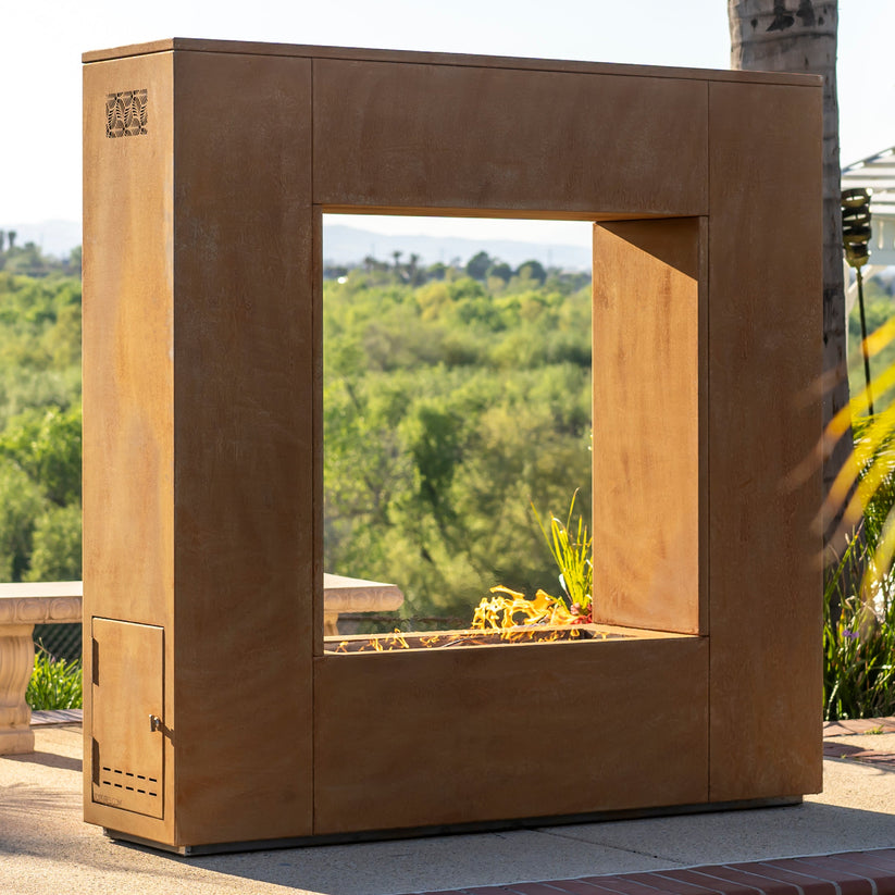 The Outdoor Plus 72 Inch Corten Steel See Through Outdoor Gas Fireplace - Electronic Ignition