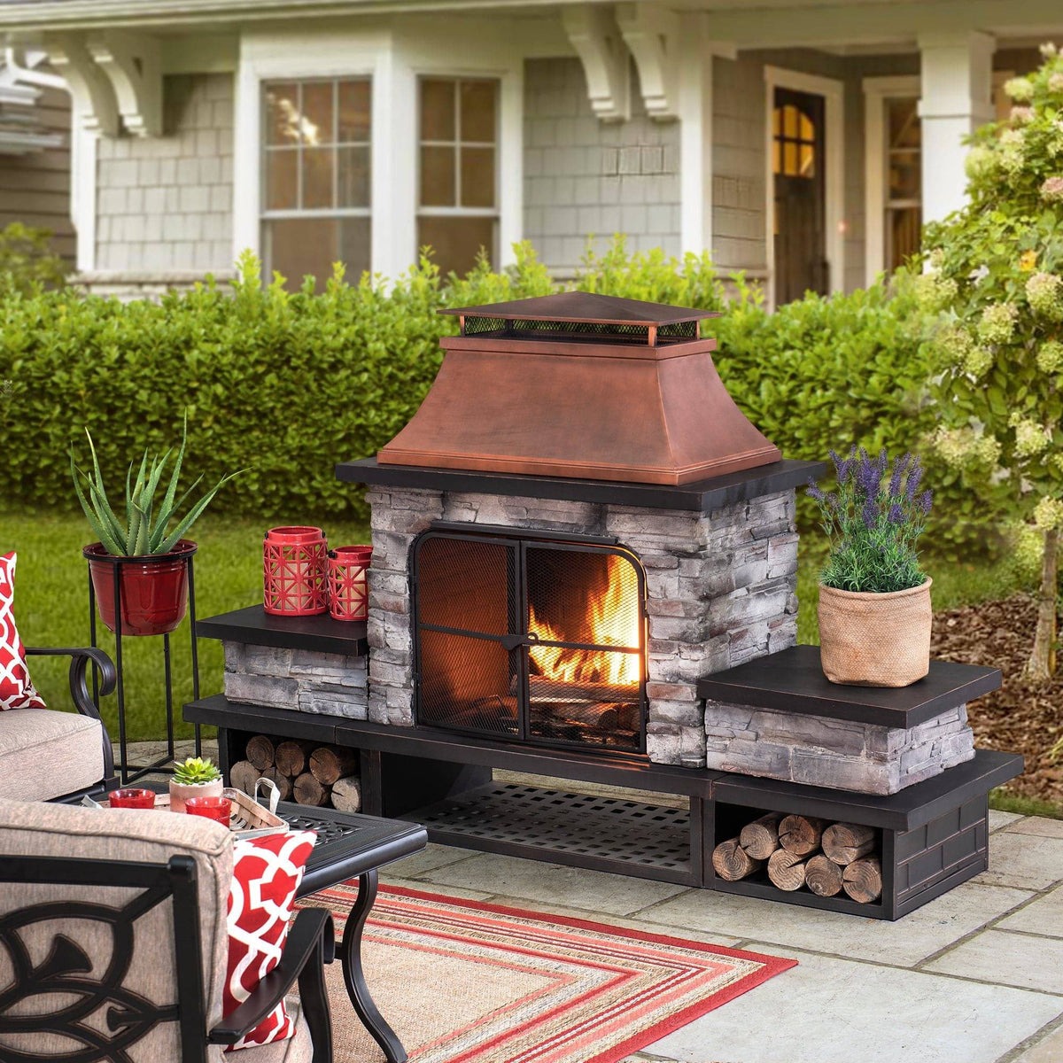 Sunjoy 48 Inch Copper Bel Aire Outdoor Wood Burning Fireplace