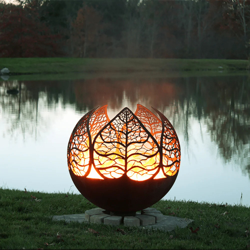 The Fire Pit Gallery 37 Inch Autumn Sunset Leaf Sphere Fire Pit with Flat Steel Base