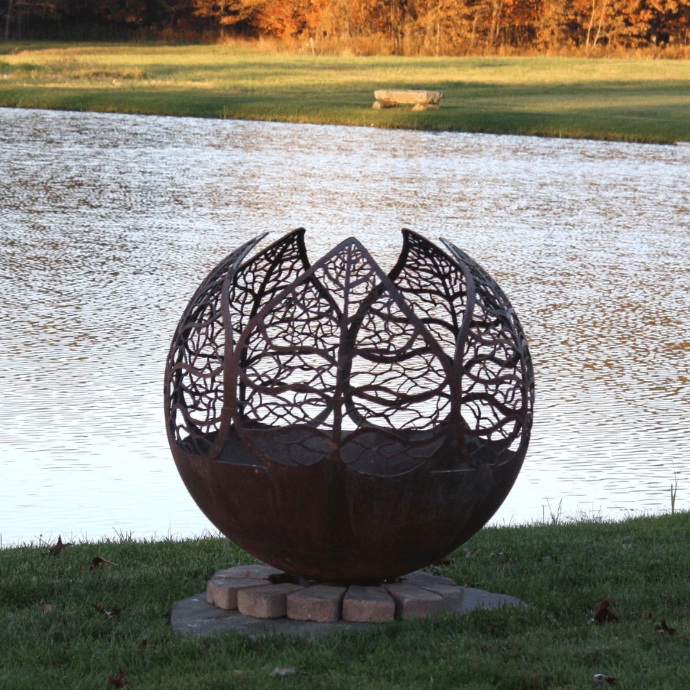 The Fire Pit Gallery 37 Inch Autumn Sunset Leaf Sphere Fire Pit with Flat Steel Base