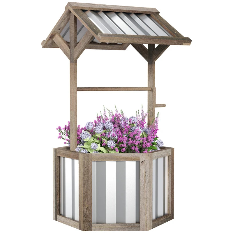 Outsunny 26 Inch Hexagonal Wooden Wishing Well Planter with Galvanized Canopy