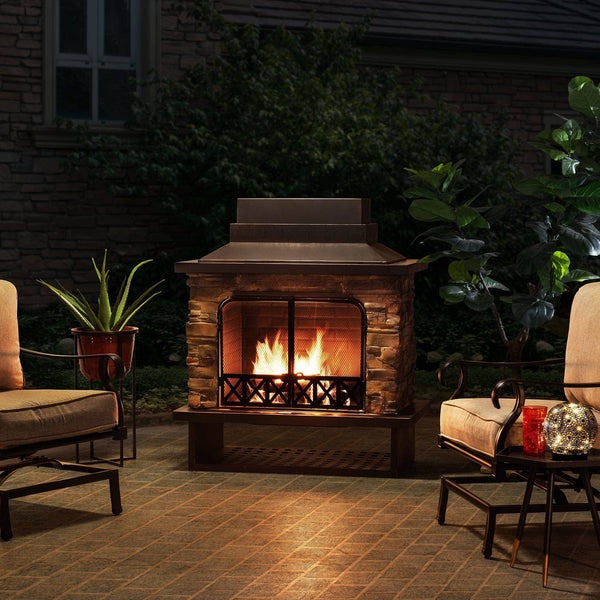 Sunjoy 48 Inch Stone Farmington Outdoor Wood Burning Fireplace