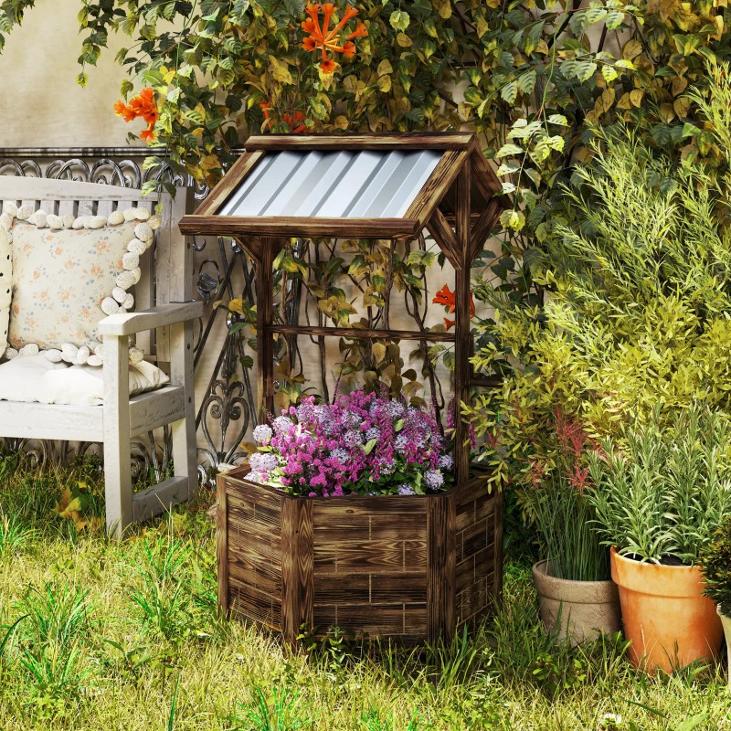 Outsunny 26 Inch Hexagonal Wooden Wishing Well Planter with Galvanized Canopy