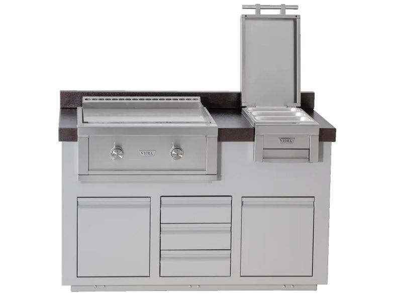 Videl 60 Inch Alta Outdoor Kitchen Island with Gran Plancha Griddle and Fuego III Food Warmer