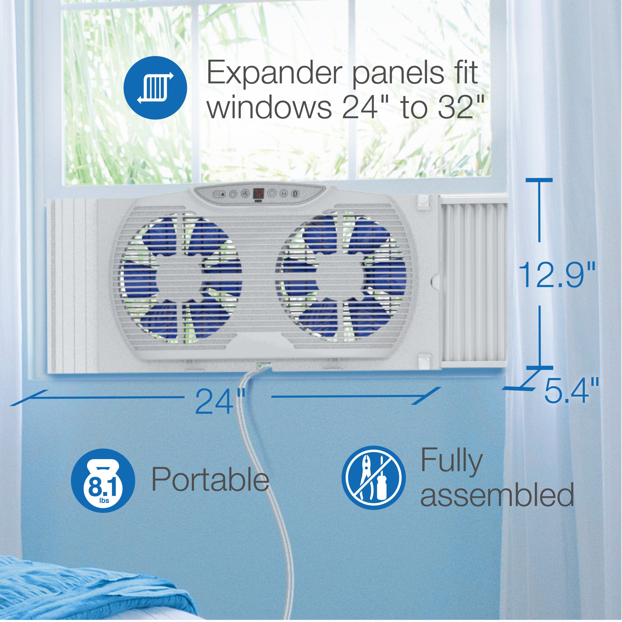 Lasko 24 Inch Residential Twin Window Fan with Bluetooth Connectivity