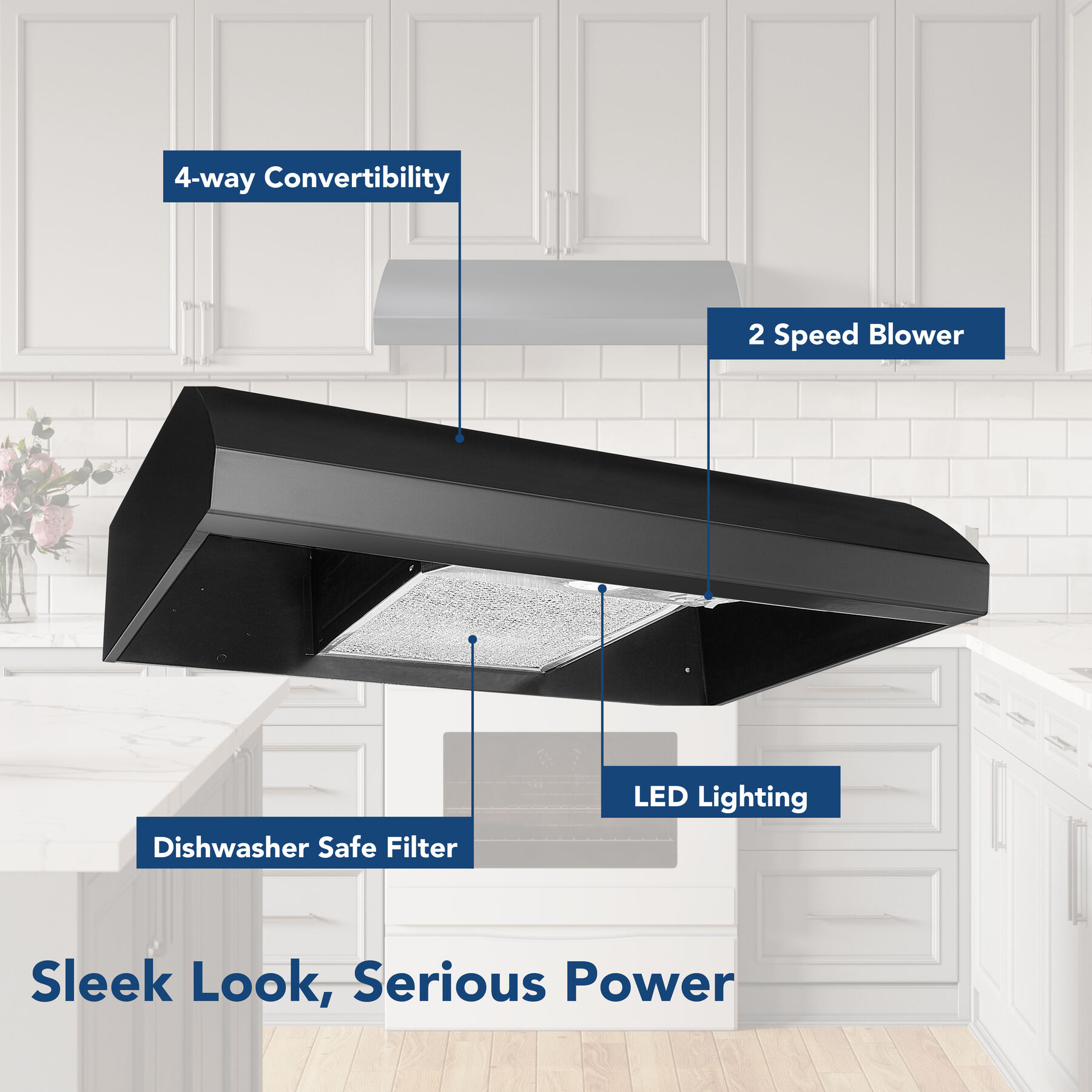 Broan 30 Inch Black 4-Way Convertible Under-Cabinet Range Hood