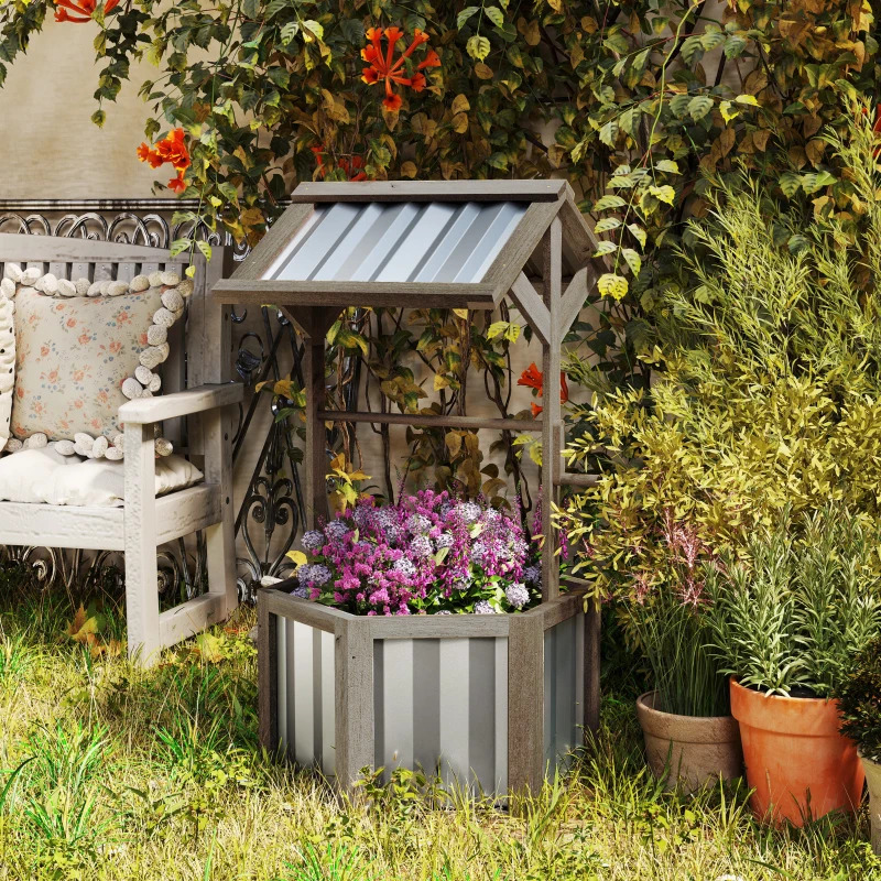 Outsunny 26 Inch Hexagonal Wooden Wishing Well Planter with Galvanized Canopy