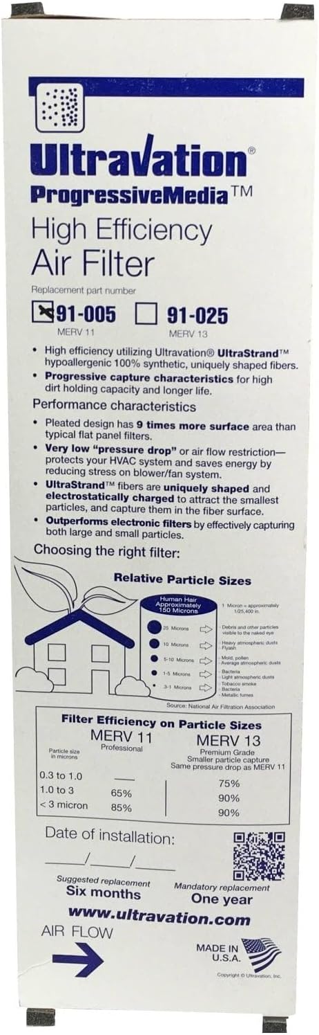 Ultravation 16 x 25 x 5 Inch MERV-11 Air Filter for Select Straight-Through Air Cleaners