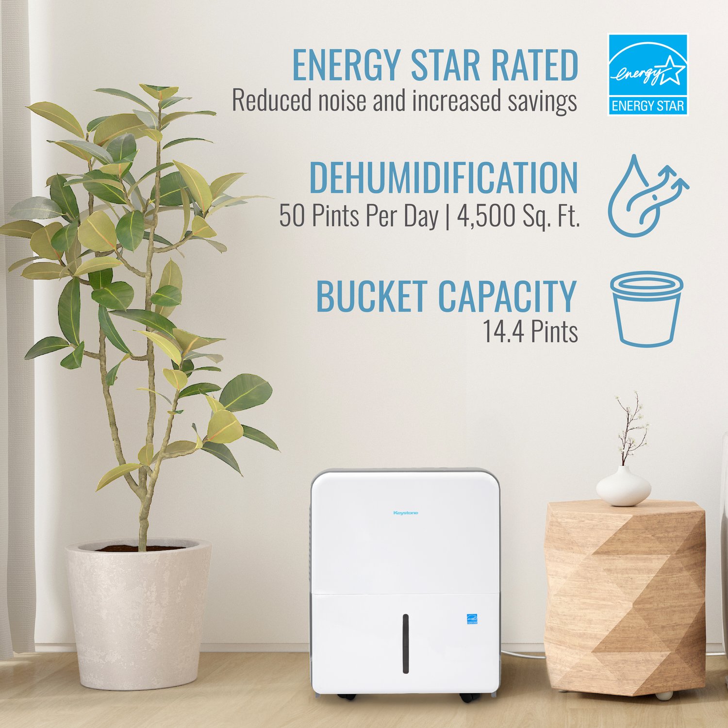 Keystone 25 Inch 50 Pint Portable Dehumidifier