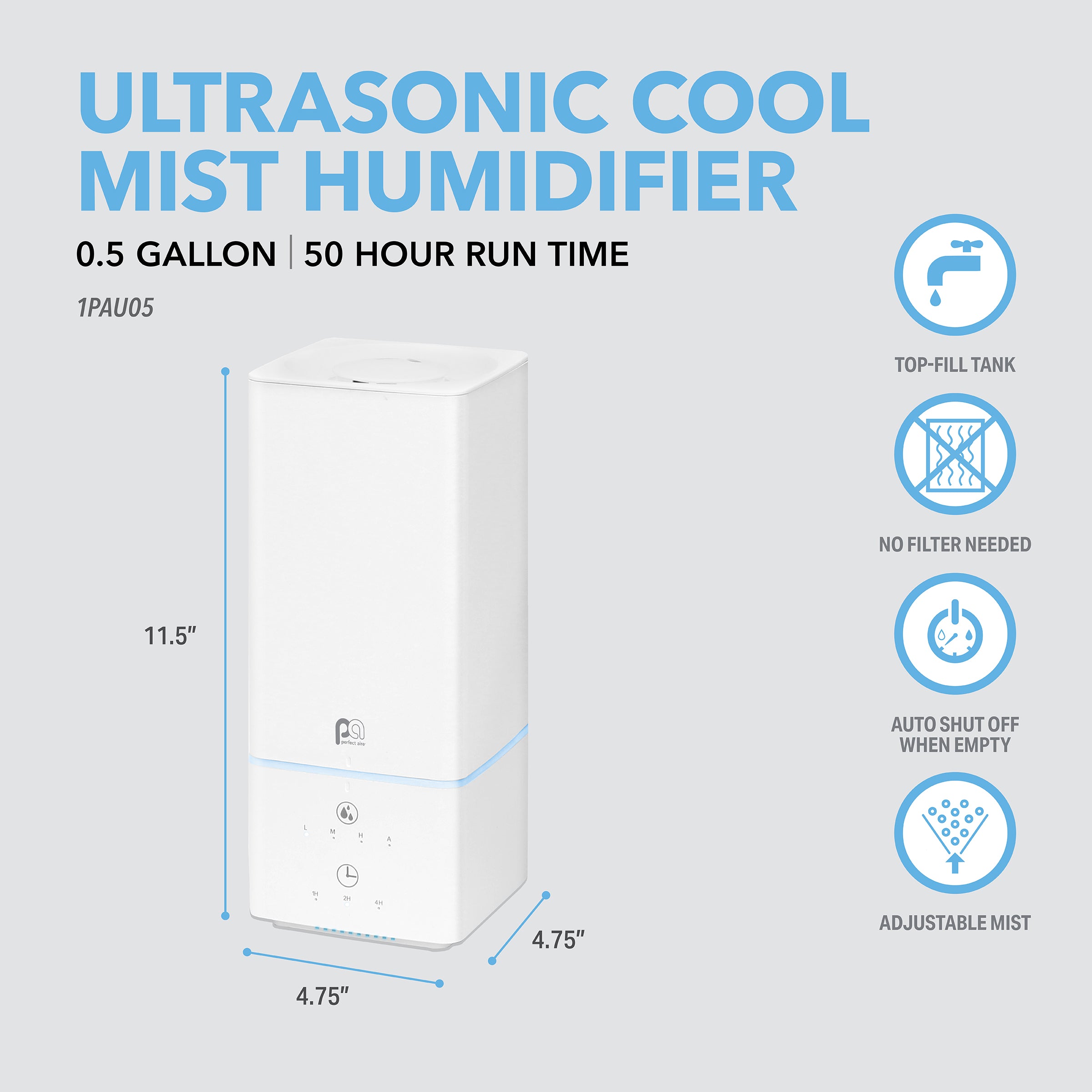 Perfect Aire Half Gallon Top-Fill Ultrasonic Cool Mist Humidifier