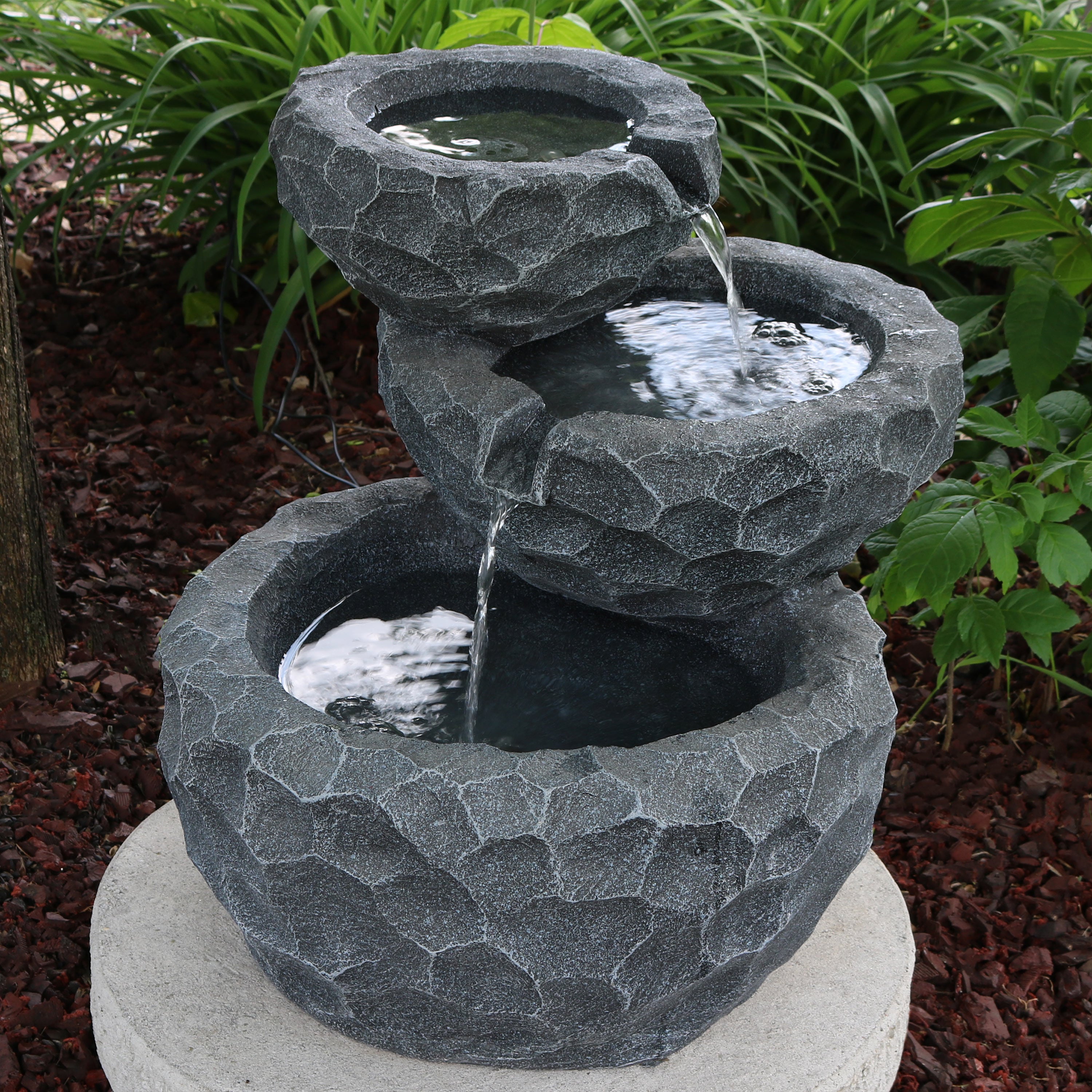 Sunnydaze 17 Inch Three-Tier Chiseled Basin Solar Fountain with Battery Backup