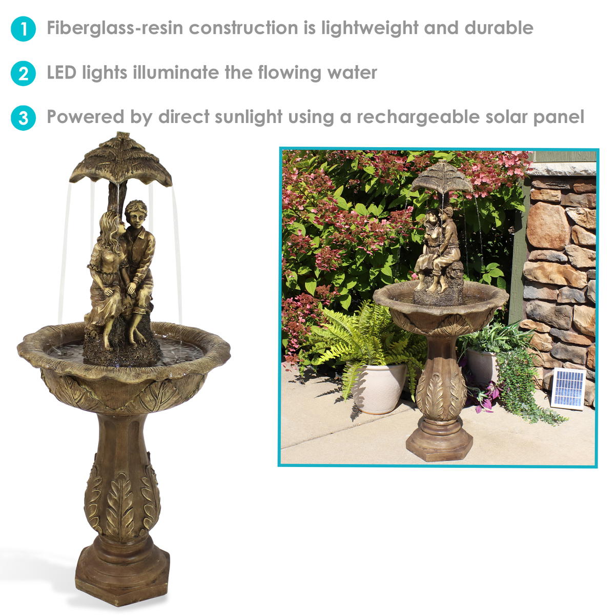 Sunnydaze 43 Inch Lovers Umbrella Solar Fountain with Battery Backup