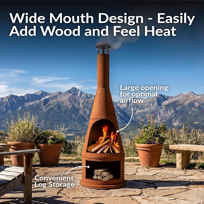 Sunnydaze 70 Inch Steel Chiminea Fire Pit with Built-In Log Holder