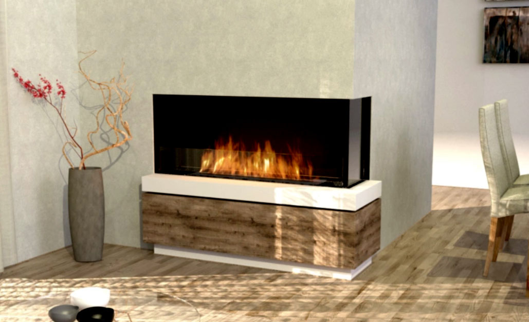 Corner fireplace example with wrap-around viewing