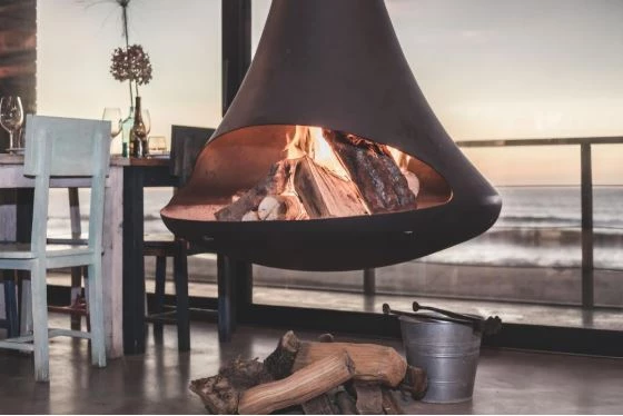 Modern wood heater design in a living room